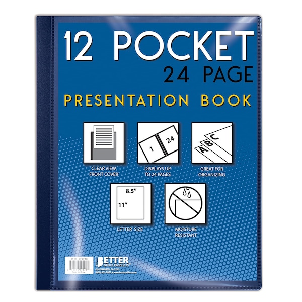 Better Office Products Presentation Book, 12-Pocket, Blue, W/Clear View Front Cover, 8.5in. x 11in. Sheets 32011 - main